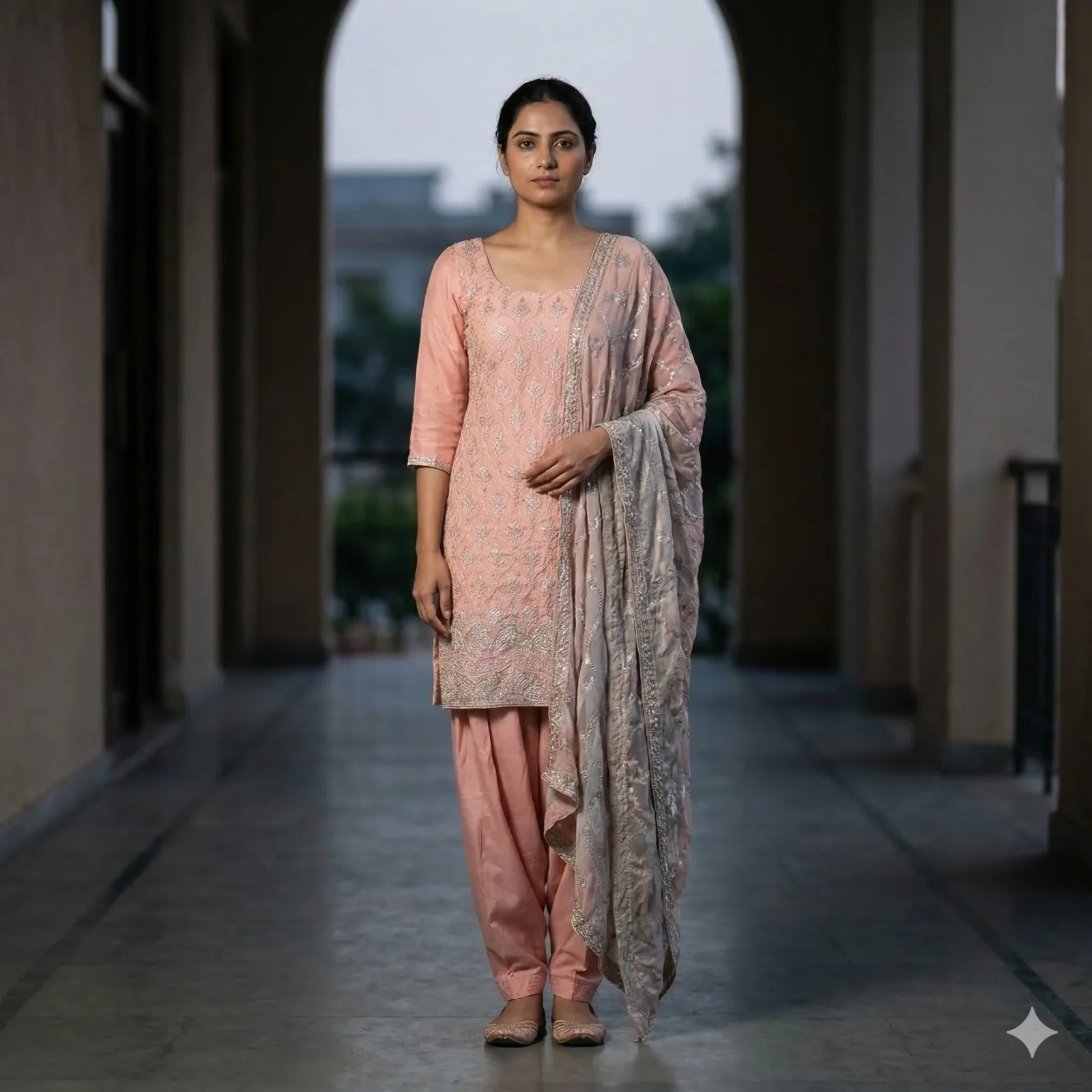 Peach Georgette Kurti Set with Dhotii & Dupatta on Rent