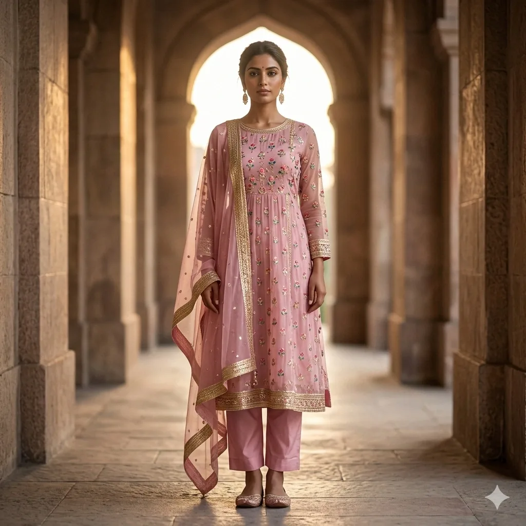 Pink Georgette Dress with Pants & Dupatta on Rent