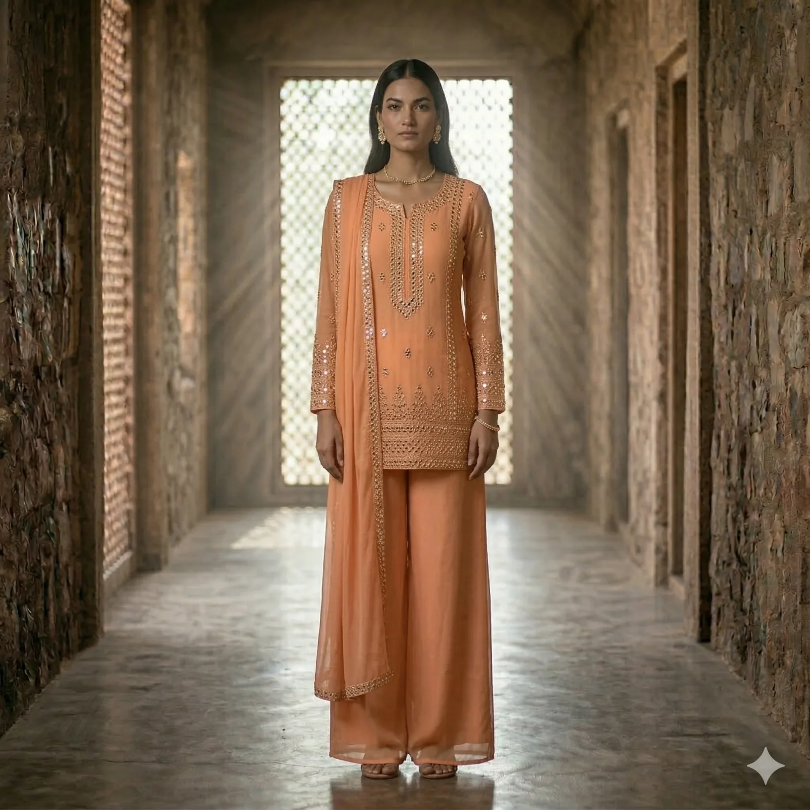 Peach Mirror Work Kurti Set on Rent in Mumbai