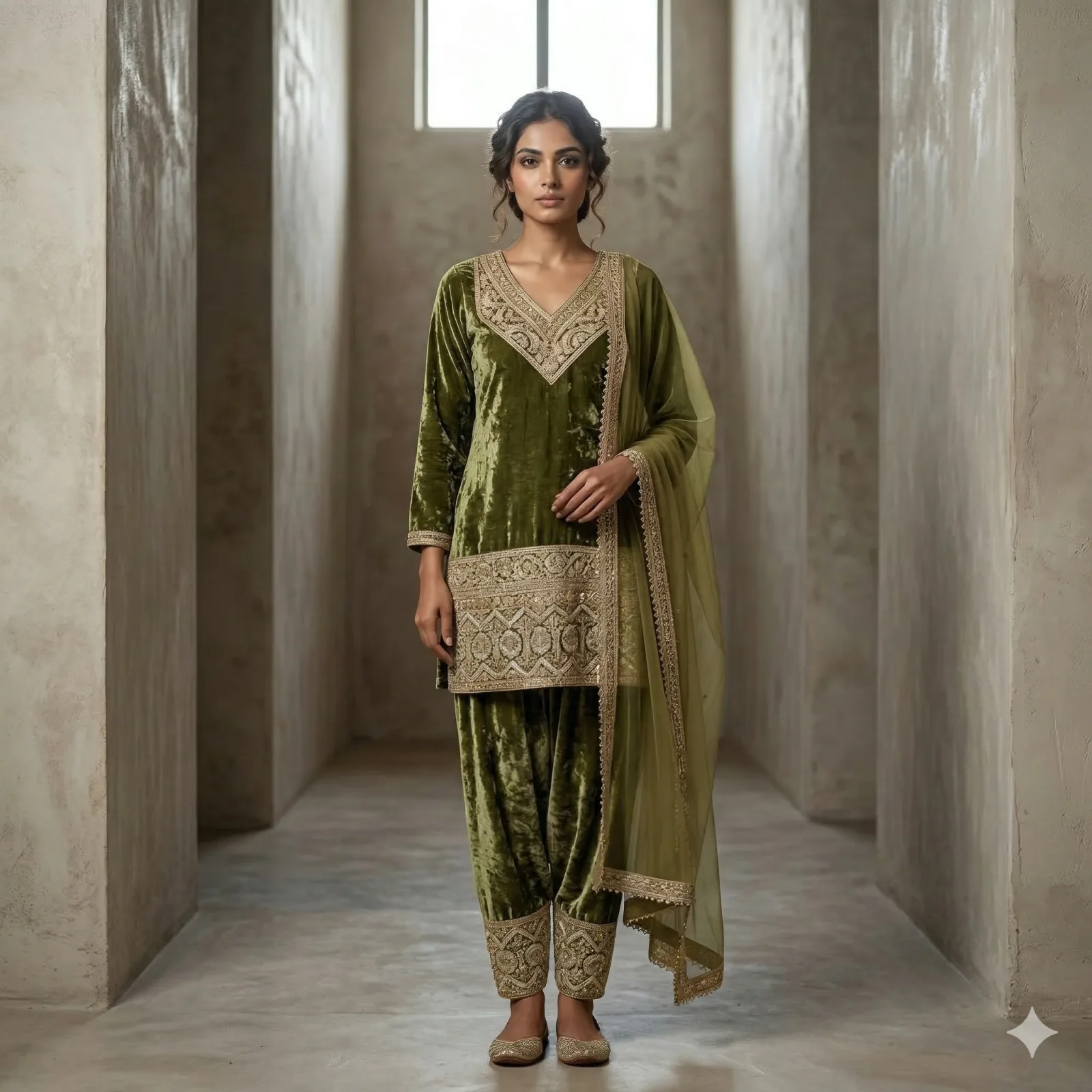 Green Velvet Long Kurti Set with Pant & Dupatta on Rent