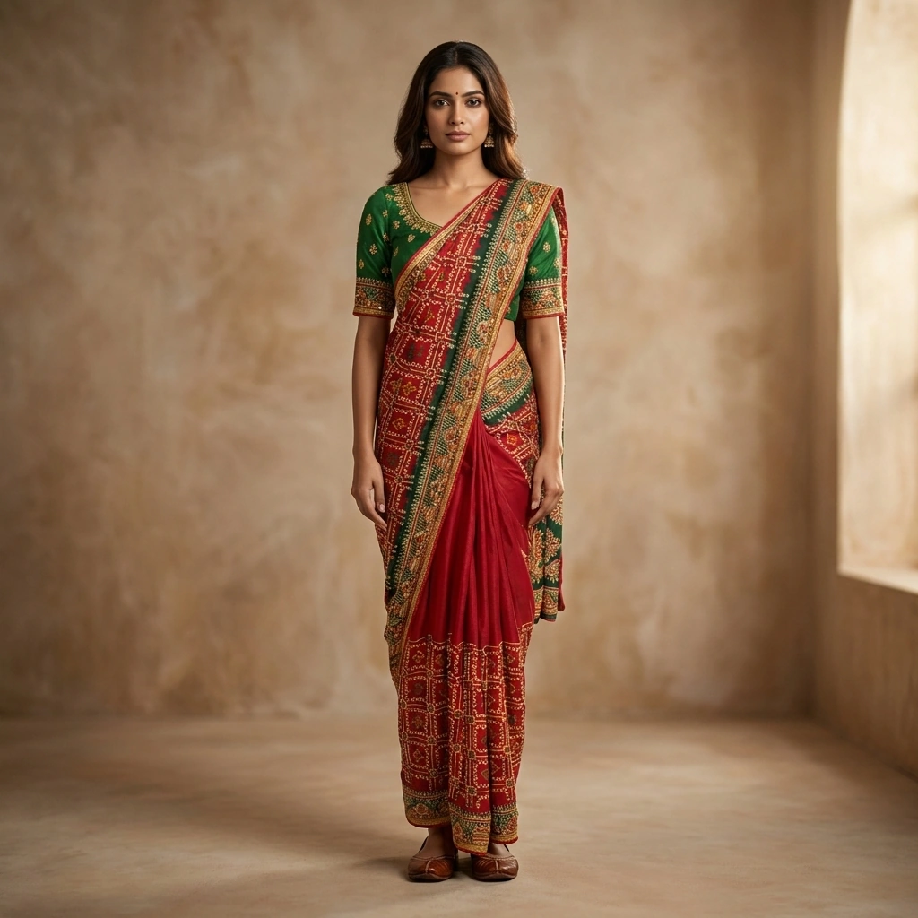 Red Silk Bandhani Saree on Rent