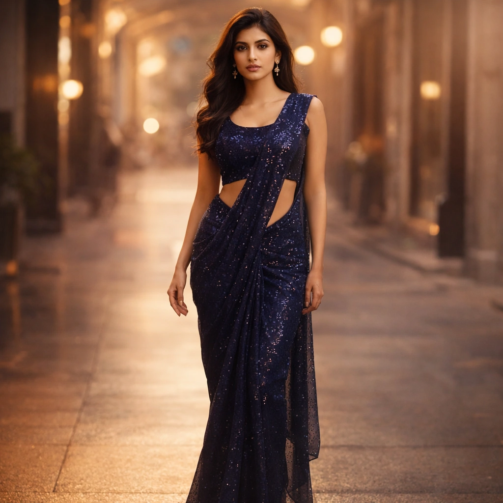 Navy Blue Sequin Saree with Beaded Blouse on Rent in Mumbai