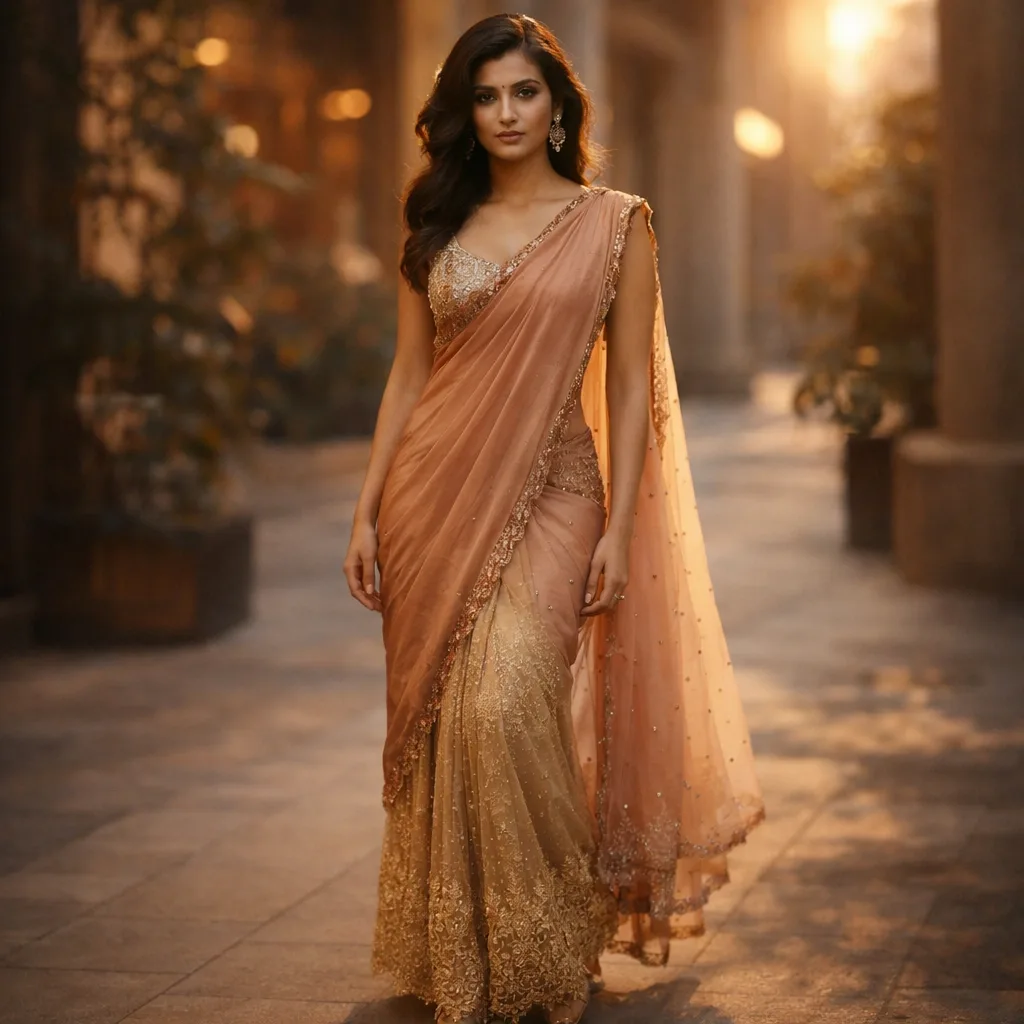 Peach Glass Tissue and Net Sequin Work Saree on Rent
