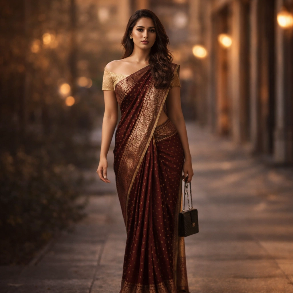 Maroon Golden Flower Printed Saree with Golden Border on Rent