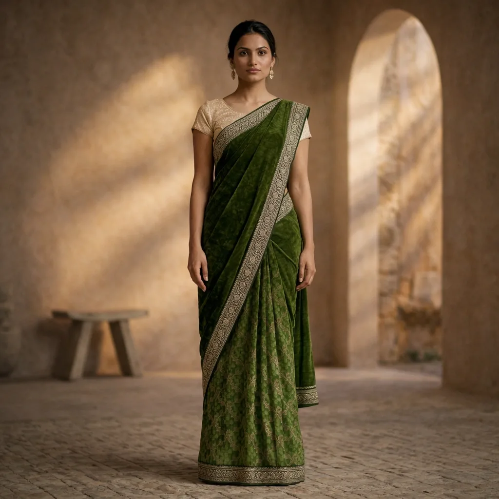 Dark Bottle Green Velvet & Georgette Saree on Rent