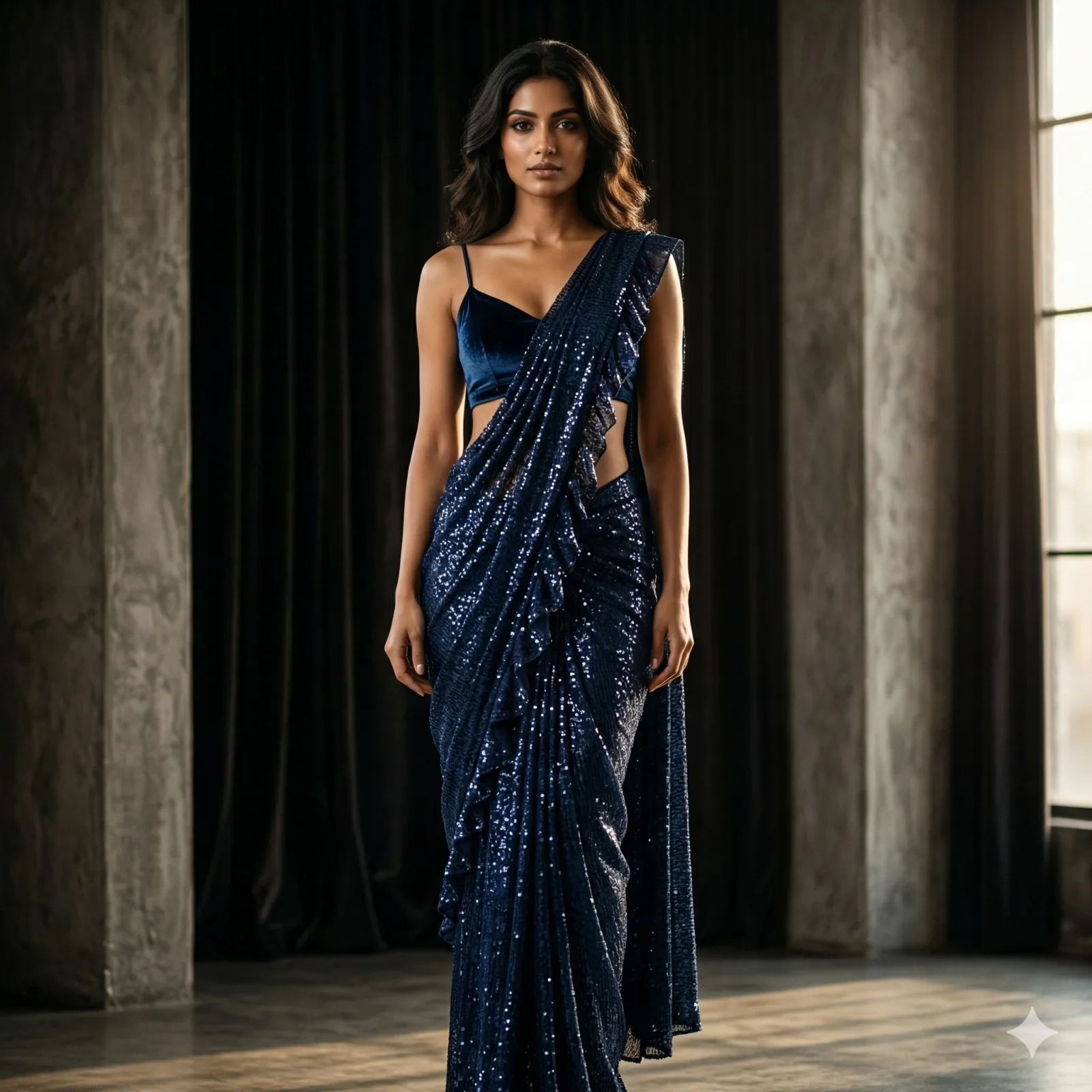 Black & Royal Blue Tikli Work Saree on Rent