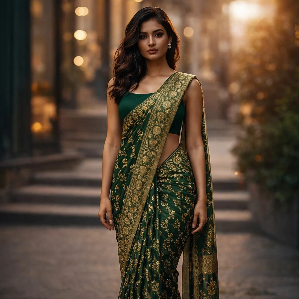 Dark Bottle Green Saree with Golden Checks & Gold Border on Rent