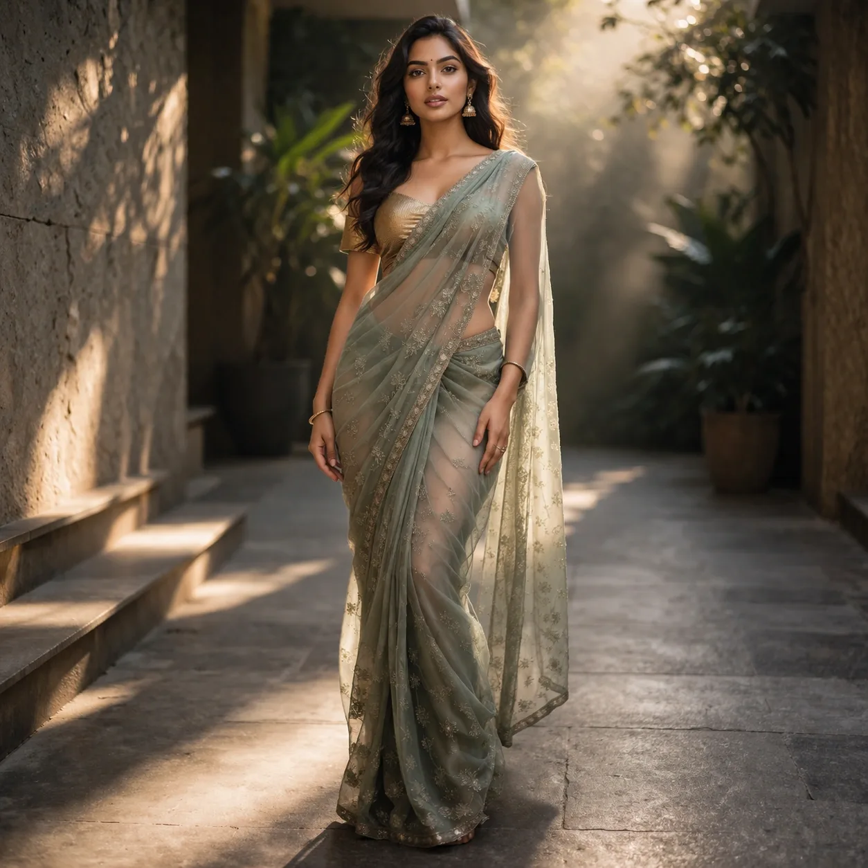 Pista Green Sequin Ready-to-Wear Saree on Rent