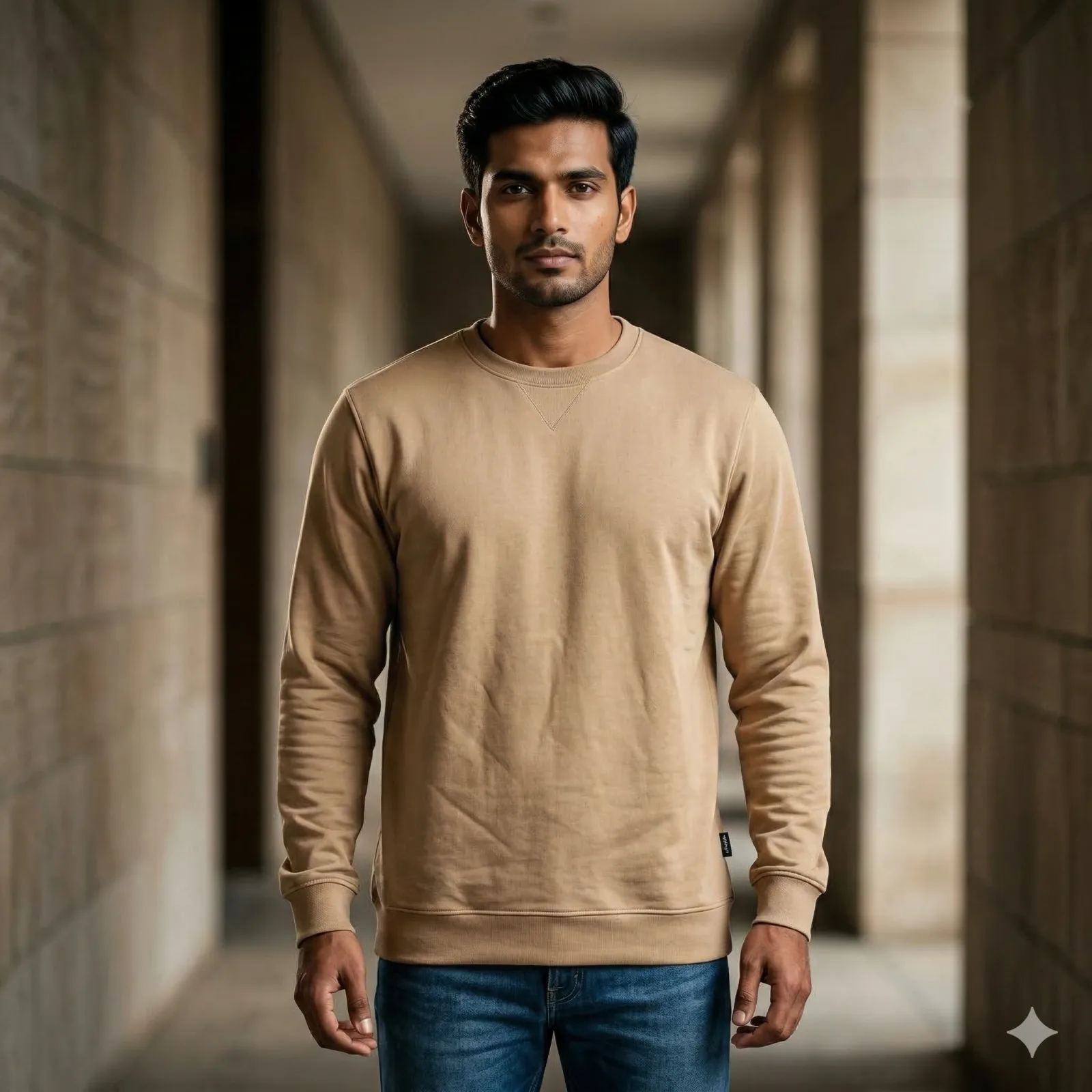 Men's Beige Cotton Sweatshirt - Solid Round Neck, Drop Shoulder Full Sleeves