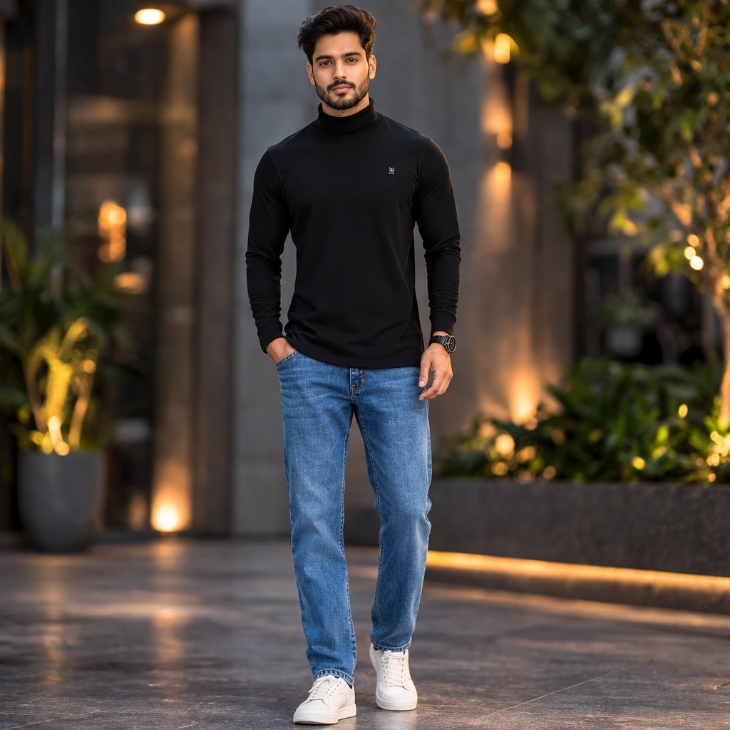 Black Colour Full-Sleeve Polo Neck T-Shirt
