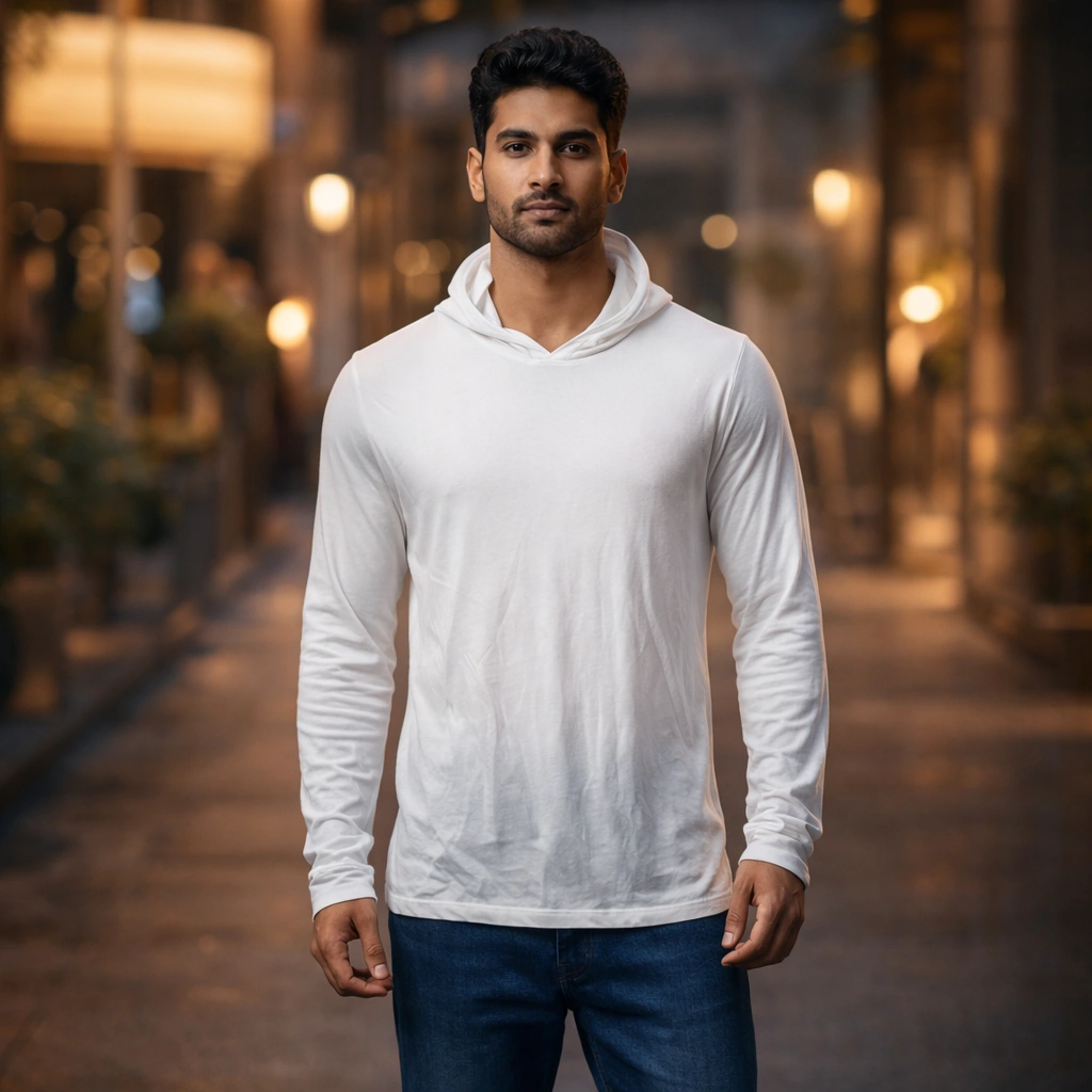 White Colour Plain Self-Texture Full-Sleeve Hoodie T-Shirt