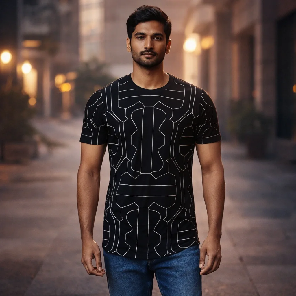 Black with White Print Half-Sleeve Round Neck T-Shirt
