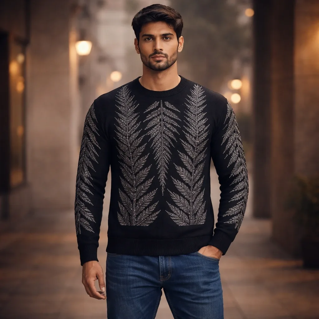 Black Base with All-Over Silver Stone Work Round Neck Full-Sleeve T-Shirt