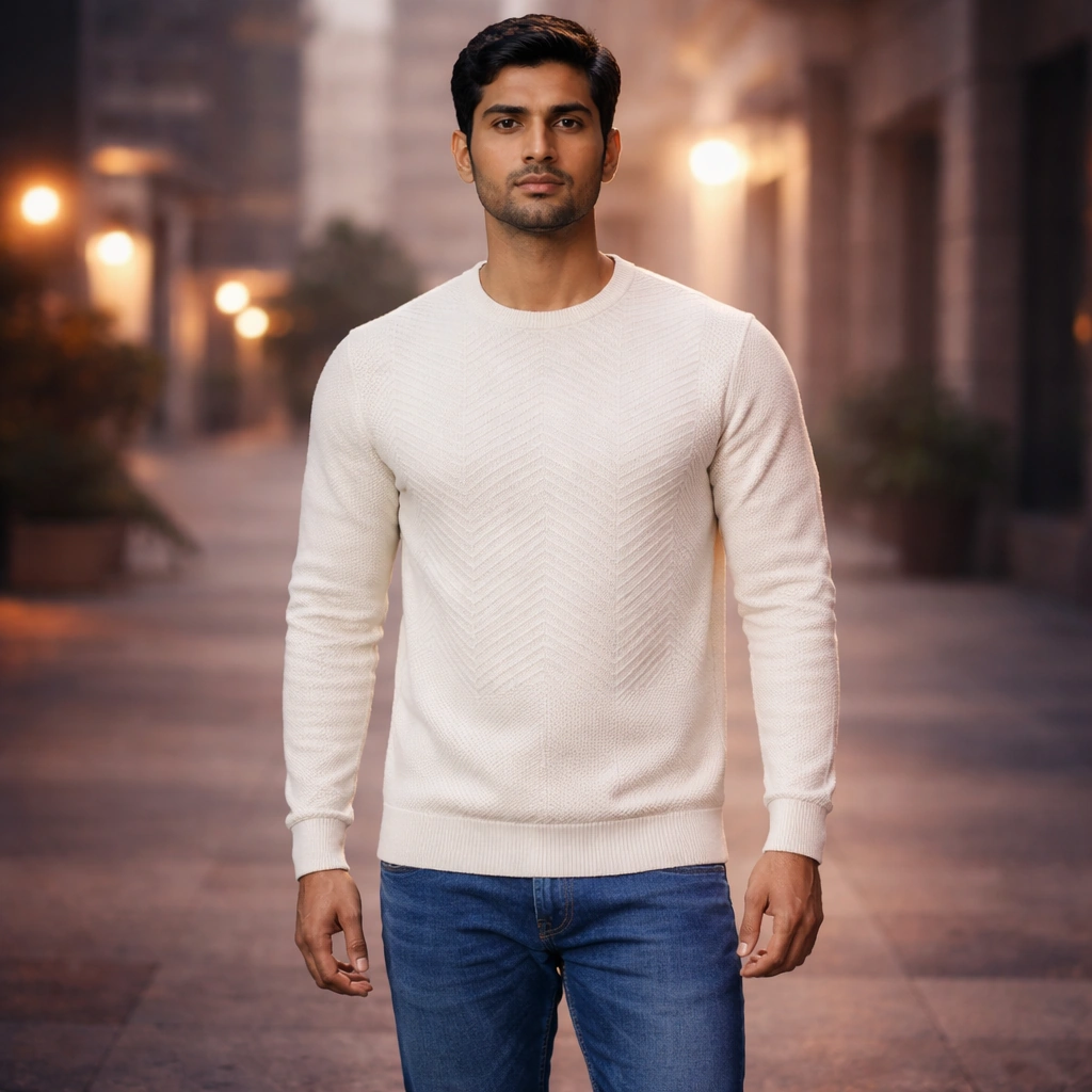 Off White Full-Sleeve Round Neck Self-Design Woollen Type T-Shirt